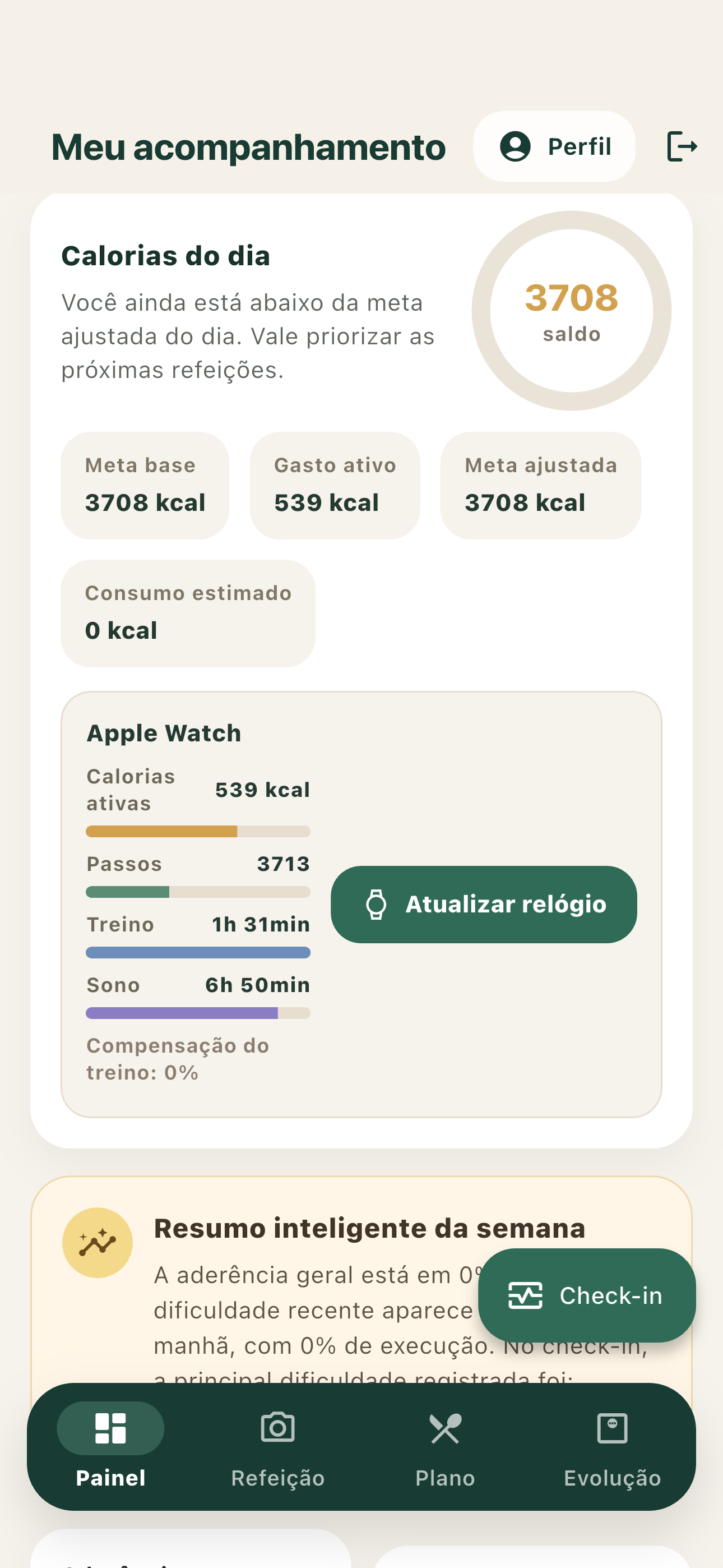 Tela de metas e acompanhamento do Ki Nutrition
